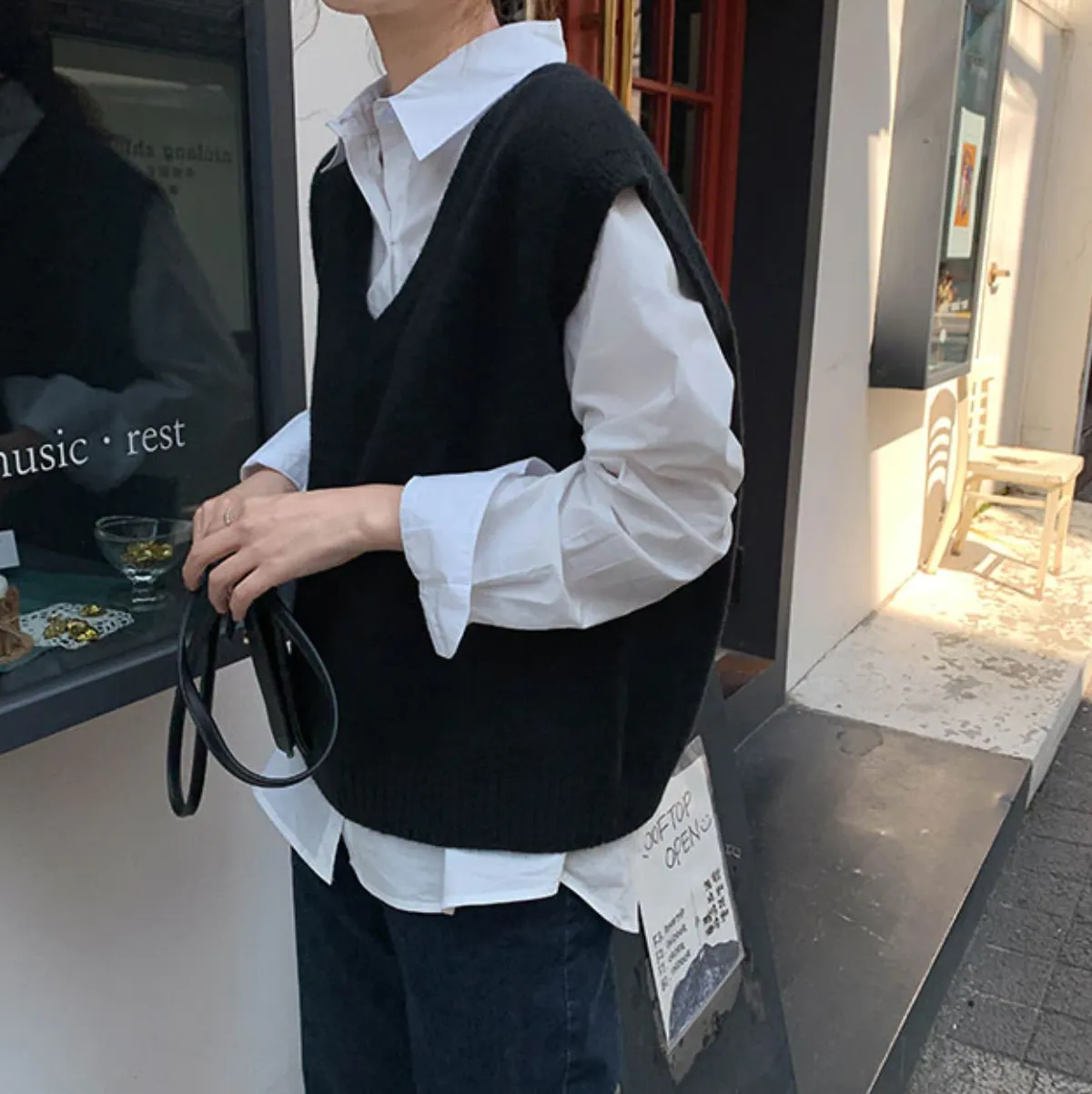 [Korean Style] 4 Colors Loose Fit V Neck Knit Vest