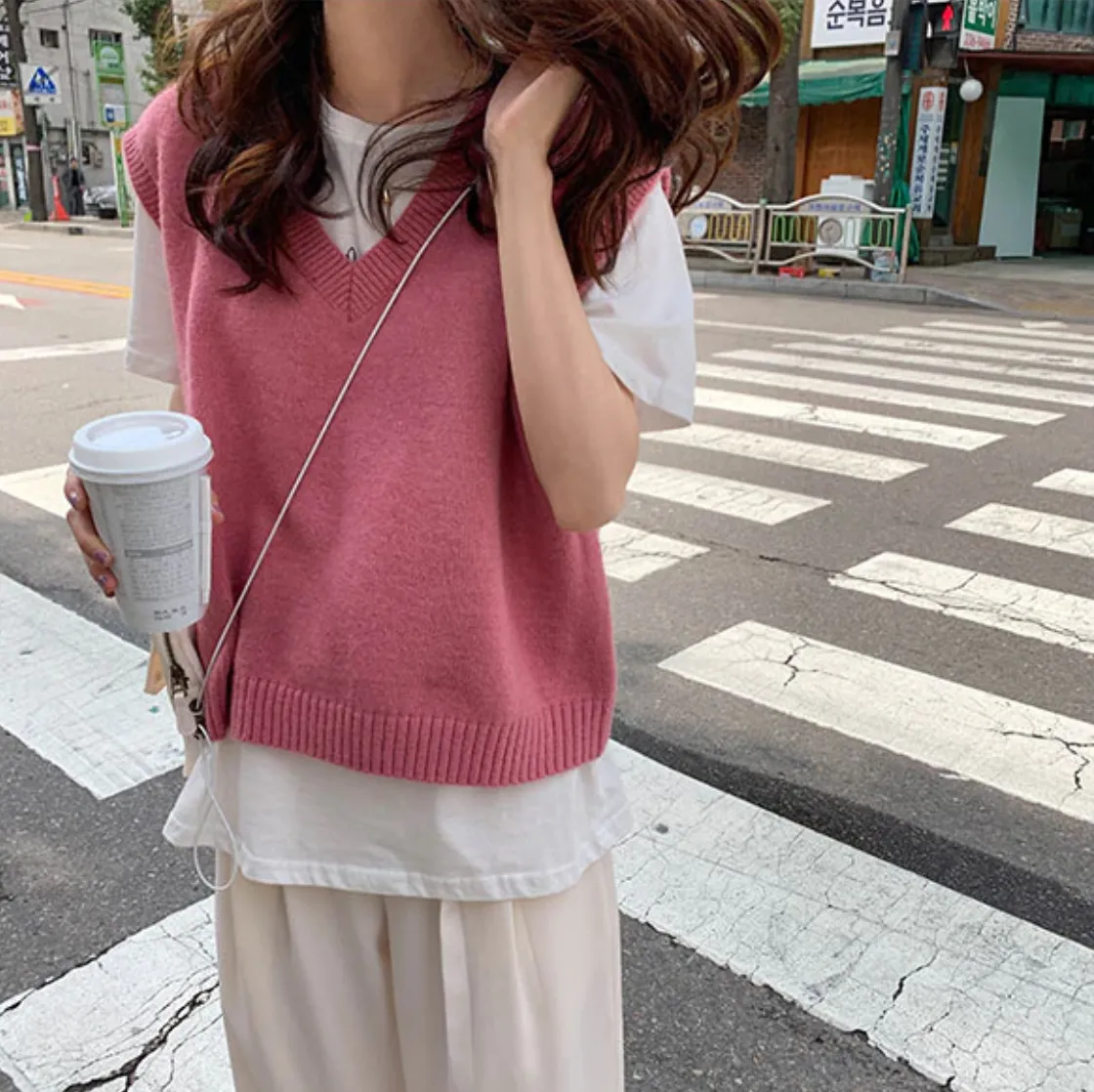 [Korean Style] 4 Colors Loose Fit V Neck Knit Vest
