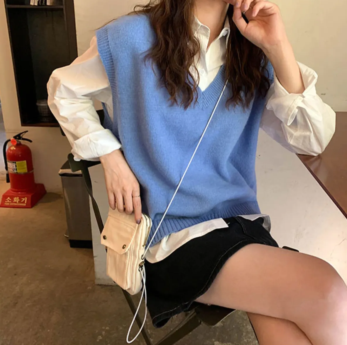 [Korean Style] 4 Colors Loose Fit V Neck Knit Vest
