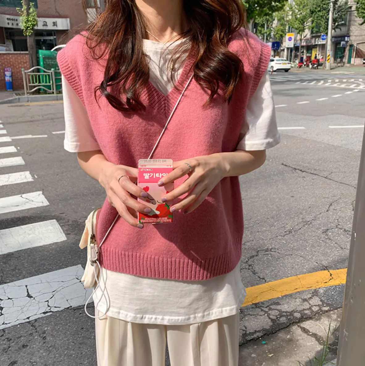 [Korean Style] 4 Colors Loose Fit V Neck Knit Vest