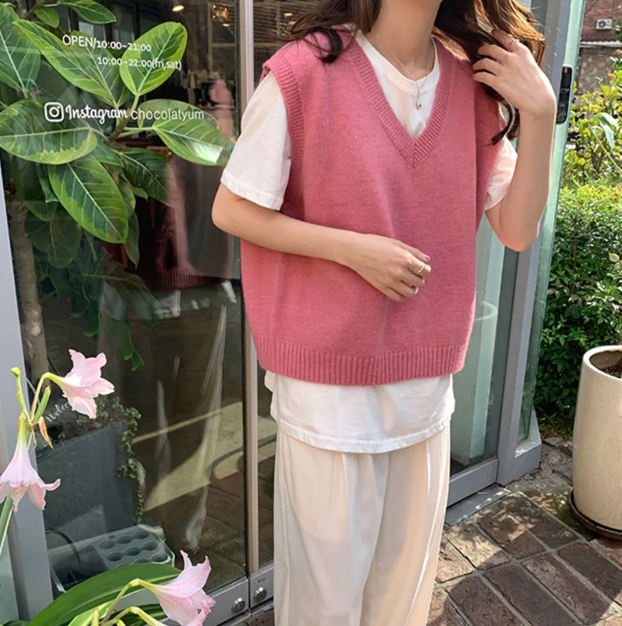 [Korean Style] 4 Colors Loose Fit V Neck Knit Vest