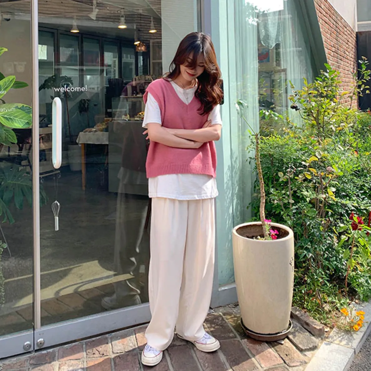 [Korean Style] 4 Colors Loose Fit V Neck Knit Vest