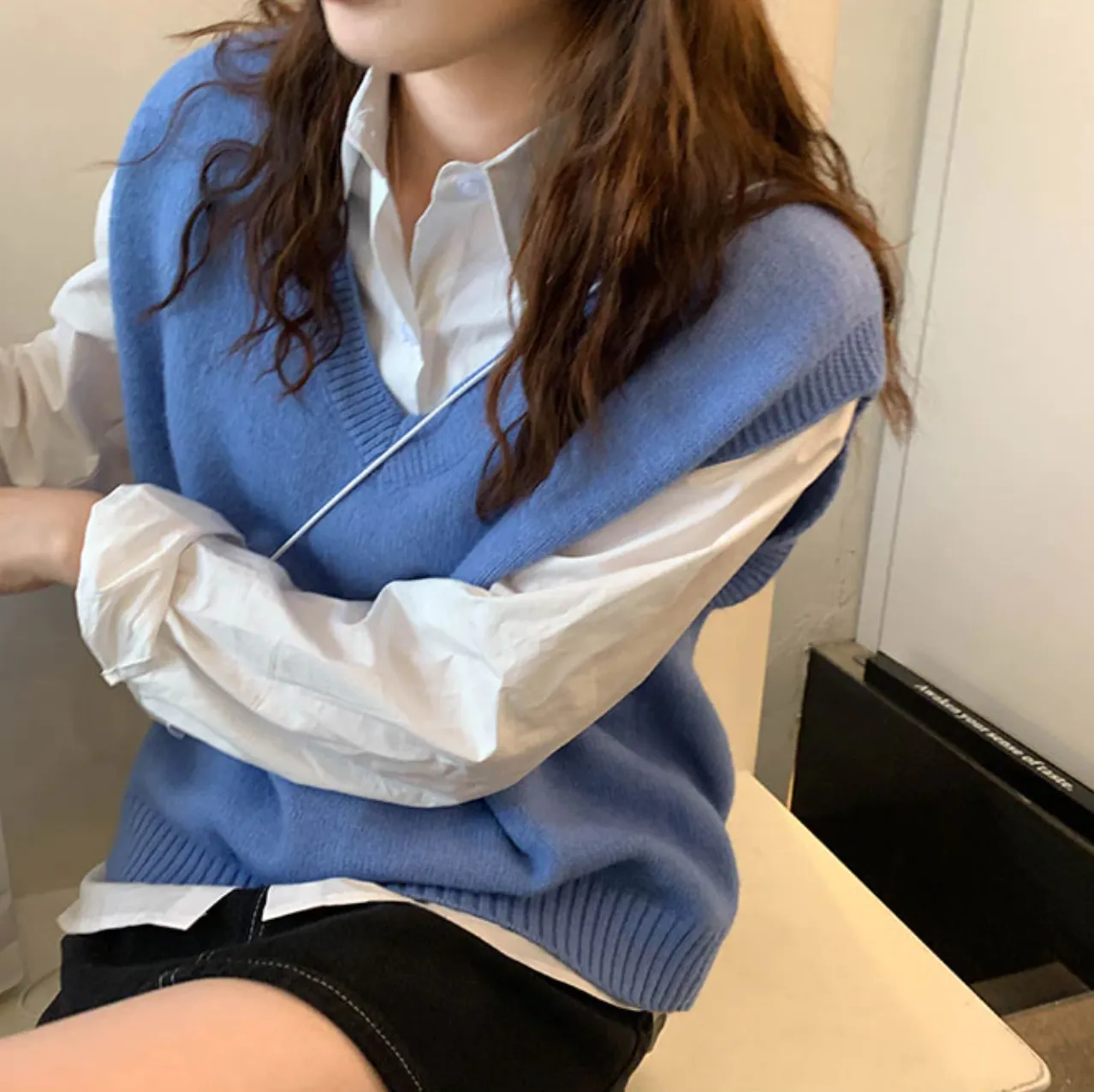 [Korean Style] 4 Colors Loose Fit V Neck Knit Vest