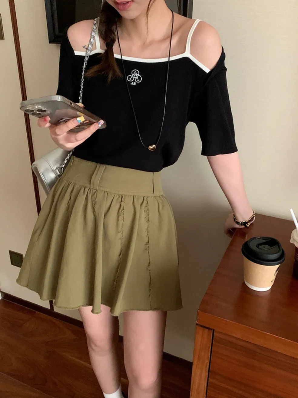 [Korean Style] Academia High Rise Open Edge Detail A-Line Skirt