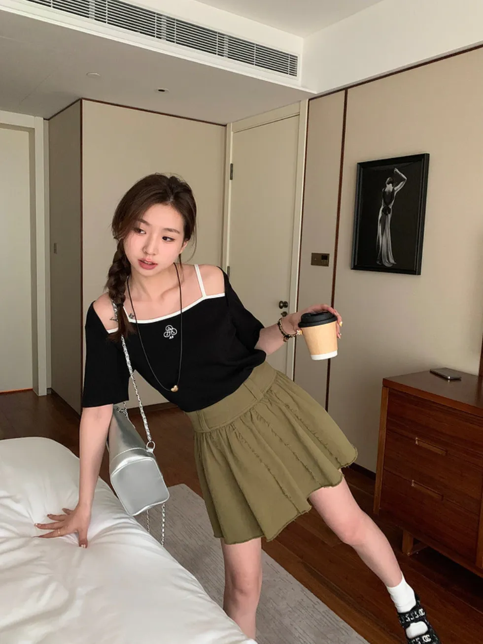 [Korean Style] Academia High Rise Open Edge Detail A-Line Skirt