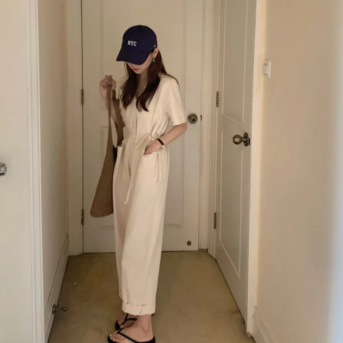 [Korean Style] Almond V-neck Short Sleeve Jumpsuit Overalls Belted Romper