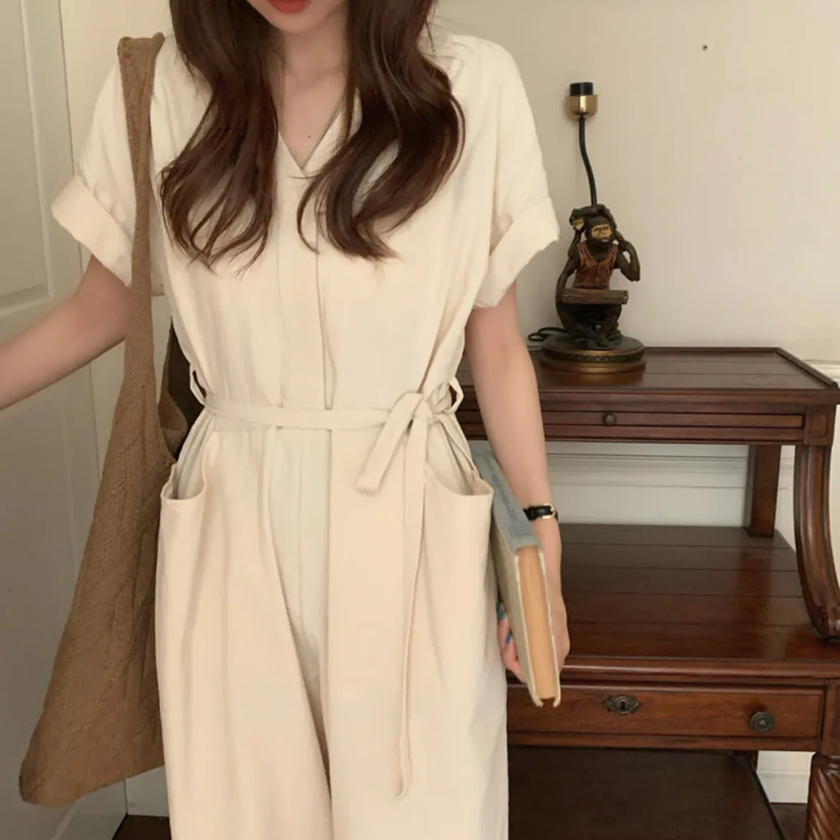 [Korean Style] Almond V-neck Short Sleeve Jumpsuit Overalls Belted Romper