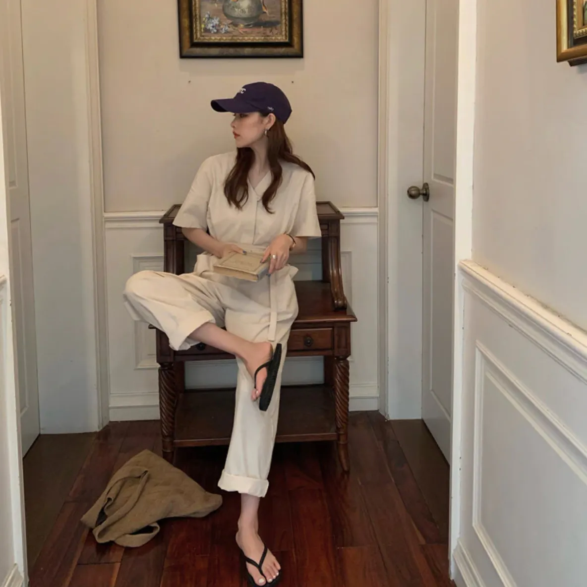 [Korean Style] Almond V-neck Short Sleeve Jumpsuit Overalls Belted Romper