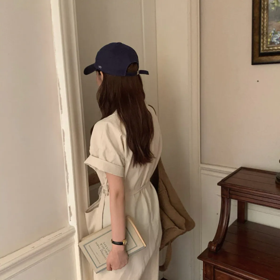 [Korean Style] Almond V-neck Short Sleeve Jumpsuit Overalls Belted Romper
