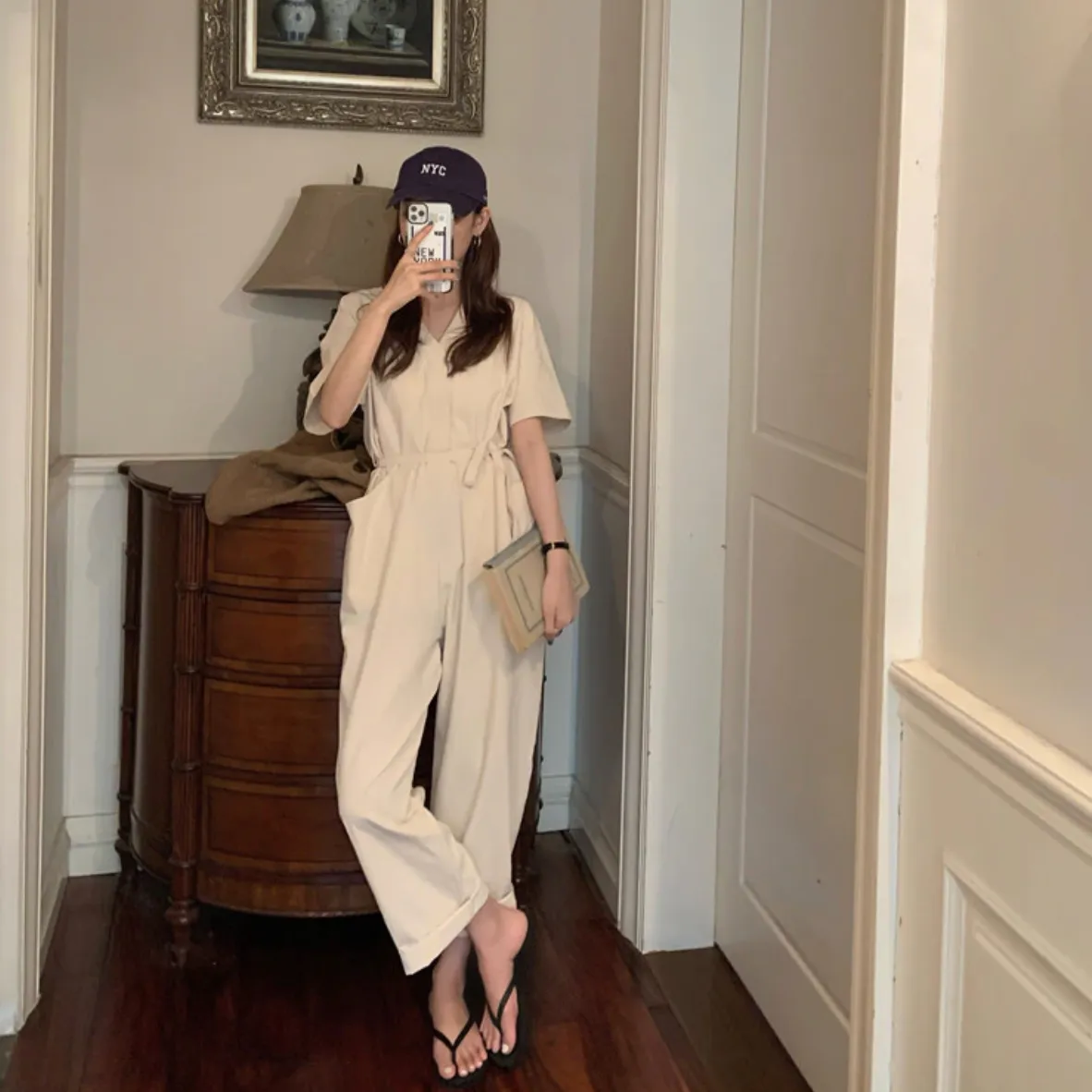 [Korean Style] Almond V-neck Short Sleeve Jumpsuit Overalls Belted Romper