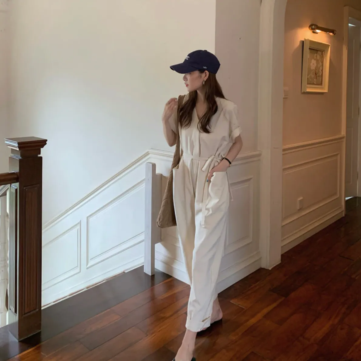 [Korean Style] Almond V-neck Short Sleeve Jumpsuit Overalls Belted Romper