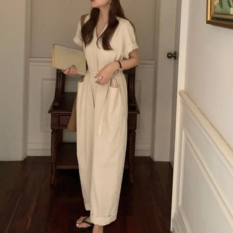 [Korean Style] Almond V-neck Short Sleeve Jumpsuit Overalls Belted Romper