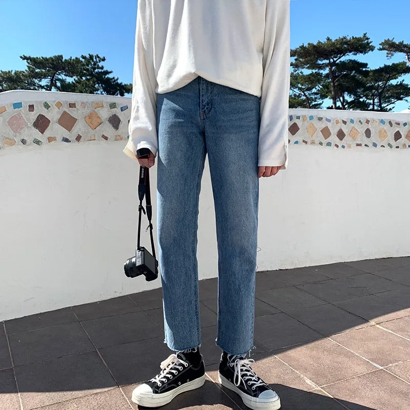 [Korean Style] Ankle-Cut Light Washing Denim Pants
