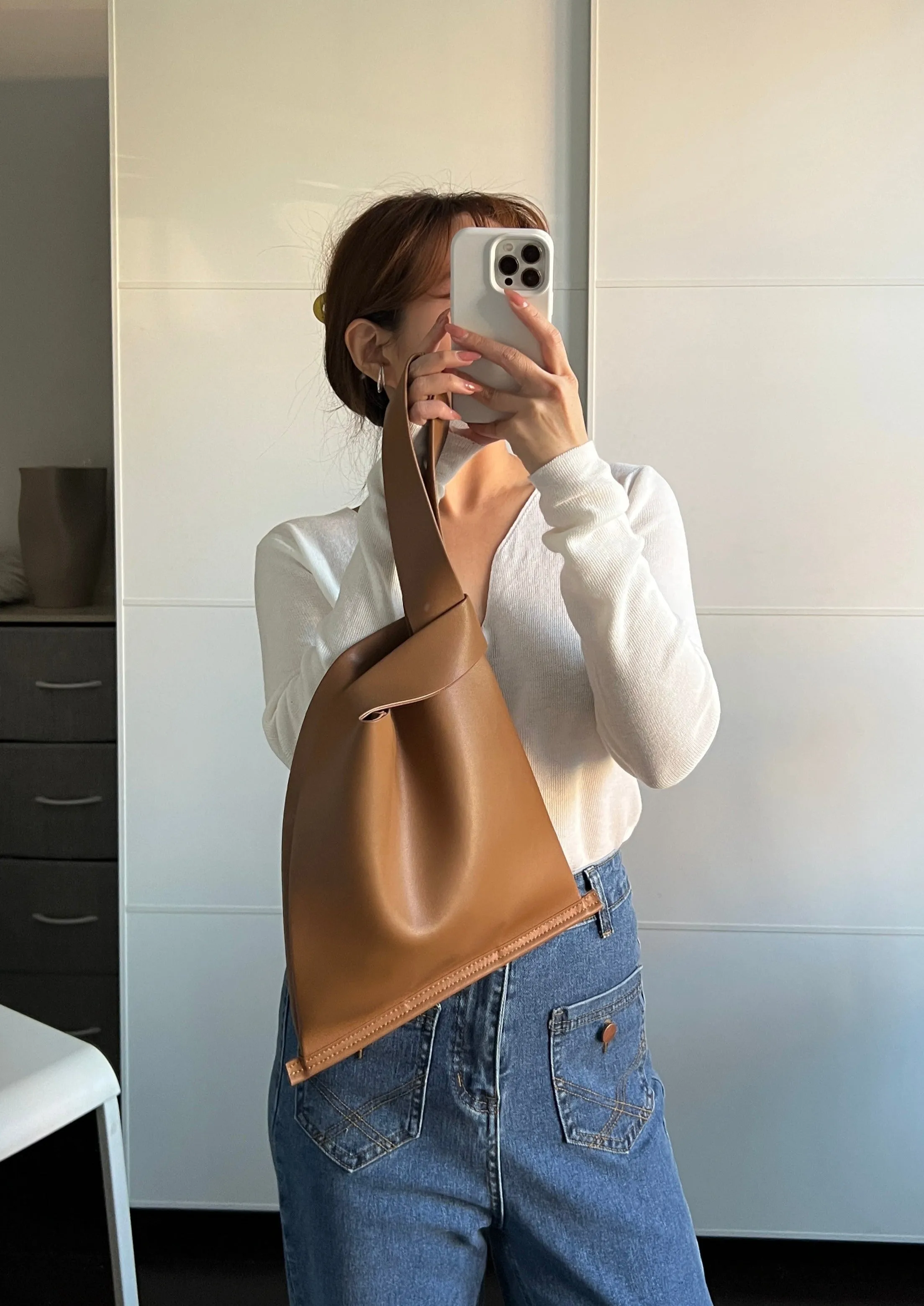 [Korean Style] Audre Minimalistic 2 Way Leather Tote Crossbody Wrist Bag