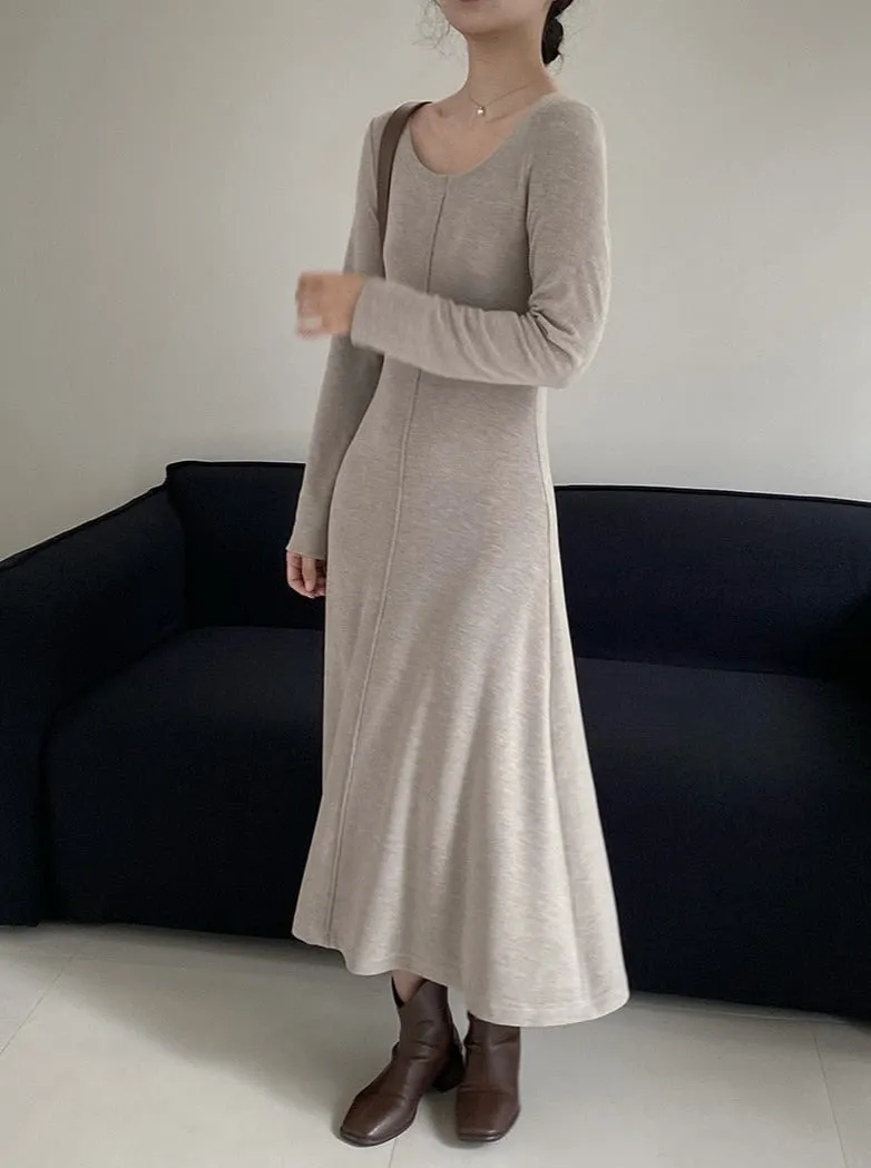 [Korean Style] Basic Scoop Neck Solid Color Long Sleeve A Line Midi Dress