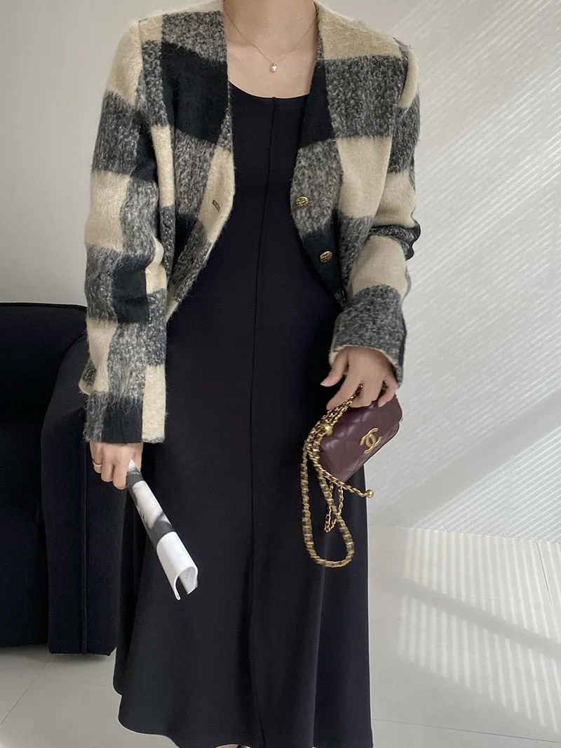 [Korean Style] Basic Scoop Neck Solid Color Long Sleeve A Line Midi Dress