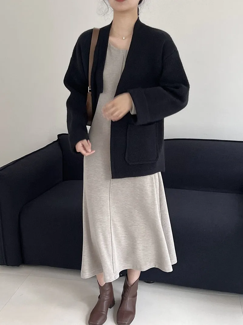 [Korean Style] Basic Scoop Neck Solid Color Long Sleeve A Line Midi Dress