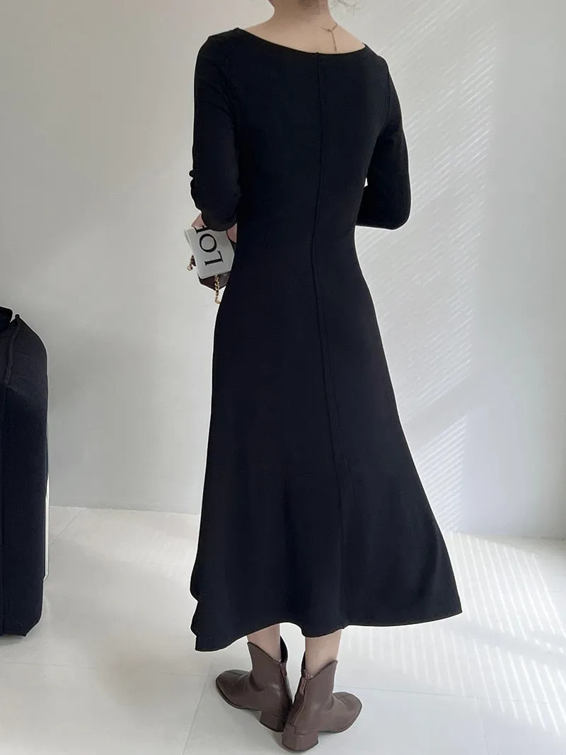 [Korean Style] Basic Scoop Neck Solid Color Long Sleeve A Line Midi Dress