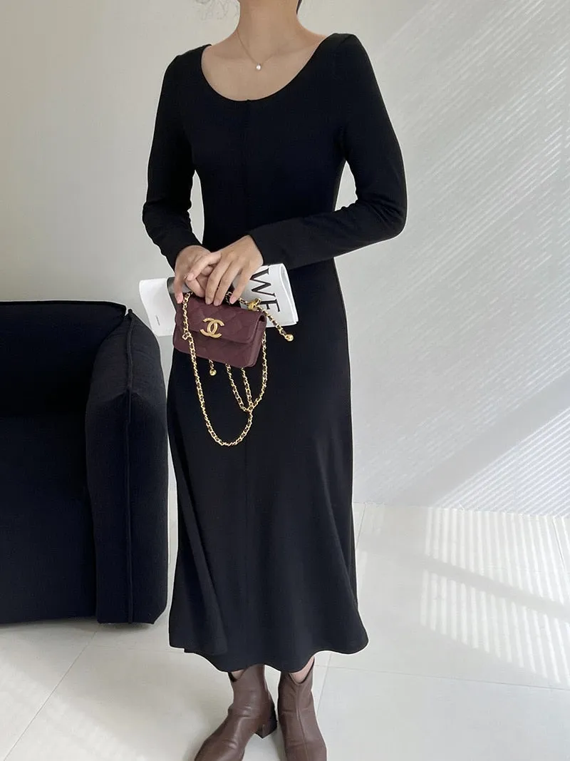 [Korean Style] Basic Scoop Neck Solid Color Long Sleeve A Line Midi Dress