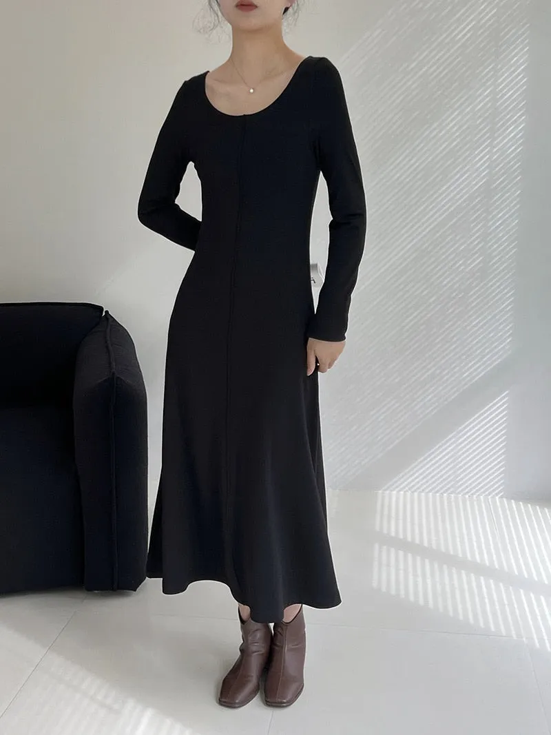[Korean Style] Basic Scoop Neck Solid Color Long Sleeve A Line Midi Dress