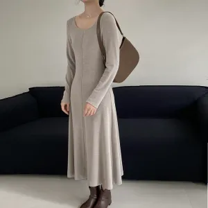 [Korean Style] Basic Scoop Neck Solid Color Long Sleeve A Line Midi Dress
