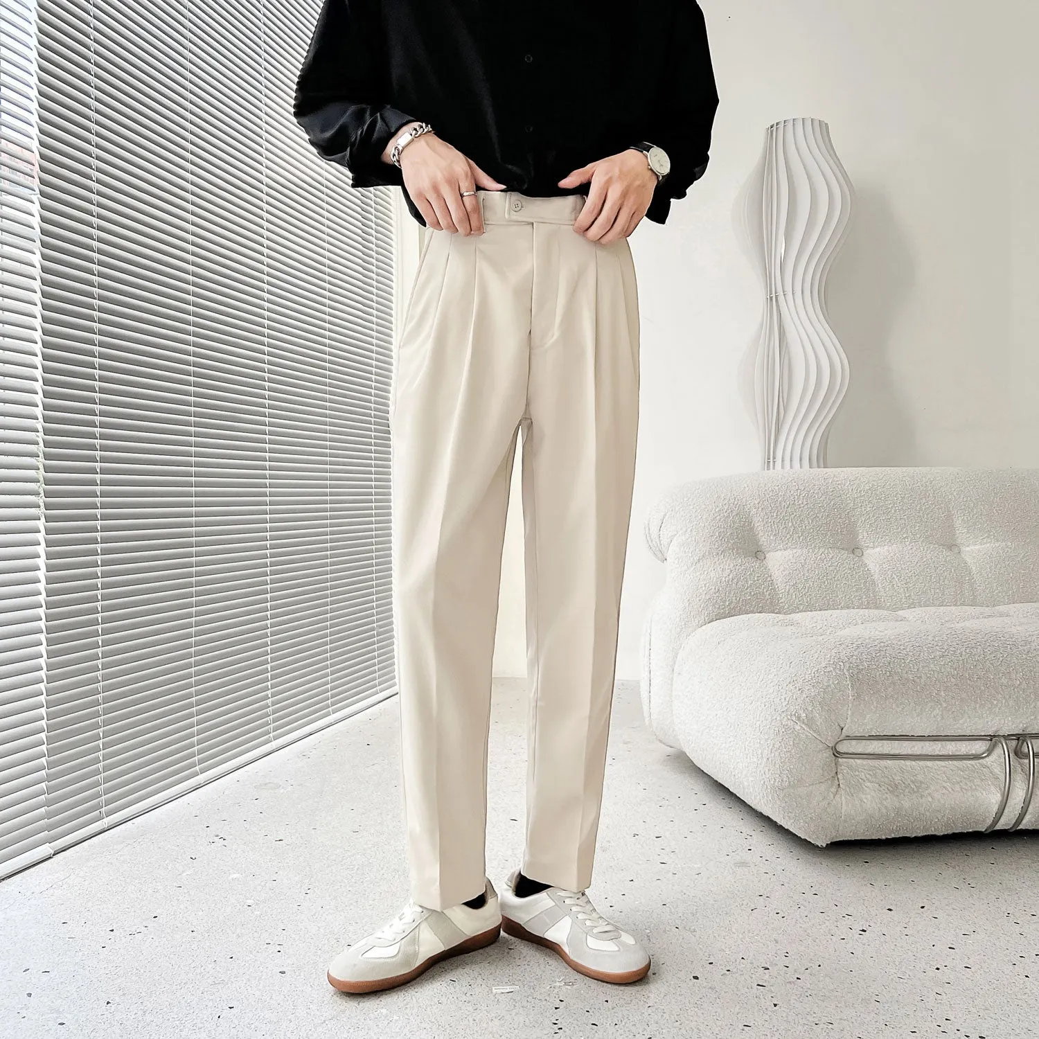 [Korean Style] Beige/Black Slim-Fit Casual Pants