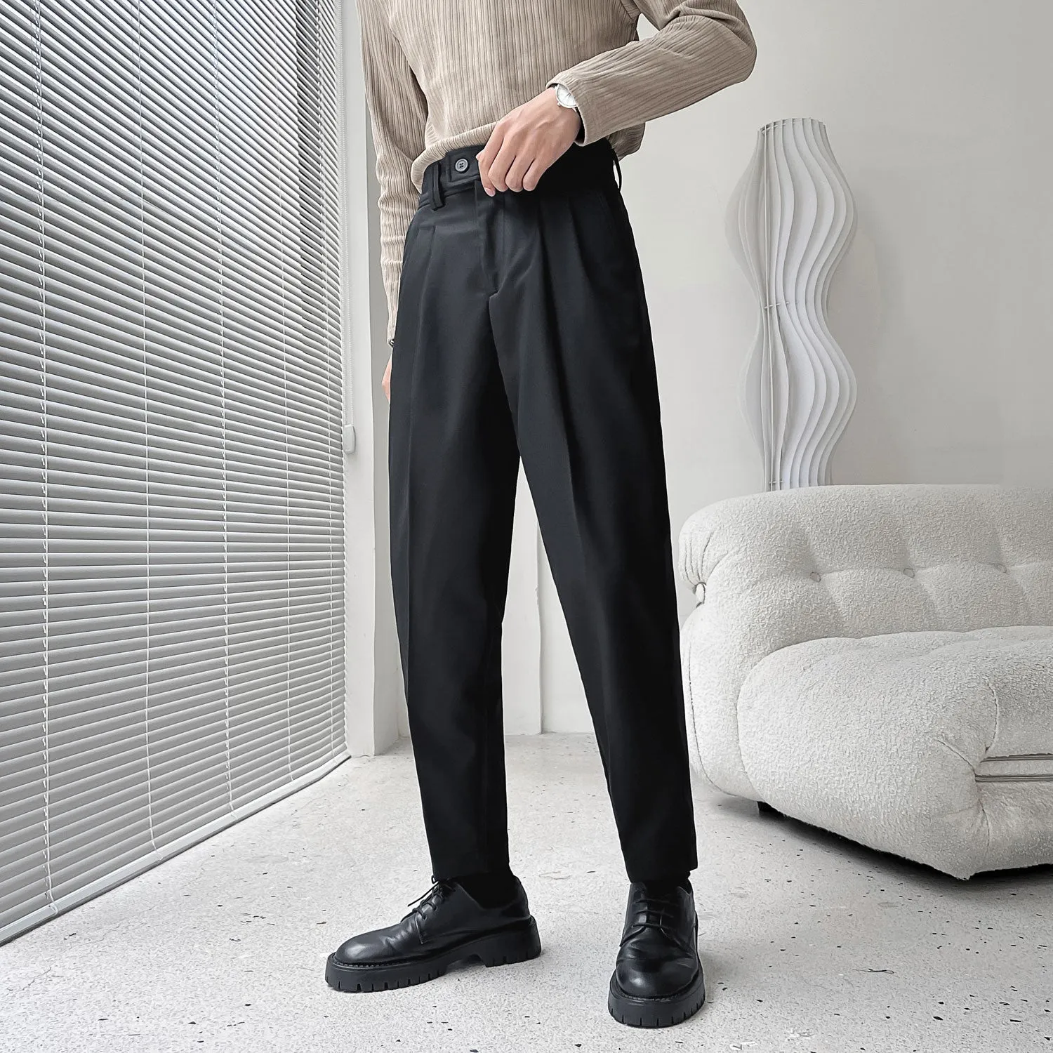[Korean Style] Beige/Black Slim-Fit Casual Pants