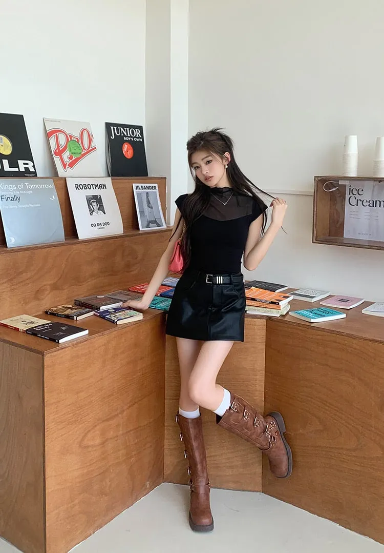 [Korean Style] Black Faux Leather Short Skort