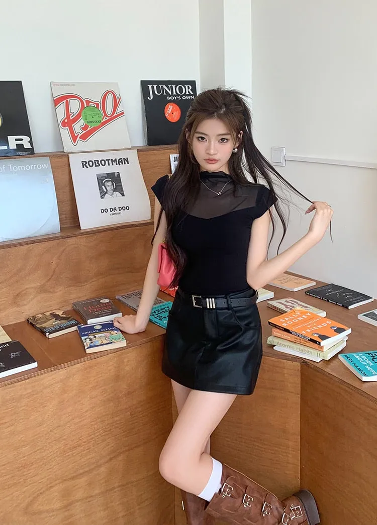 [Korean Style] Black Faux Leather Short Skort