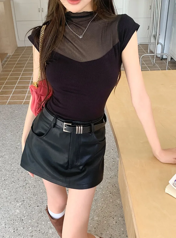 [Korean Style] Black Faux Leather Short Skort