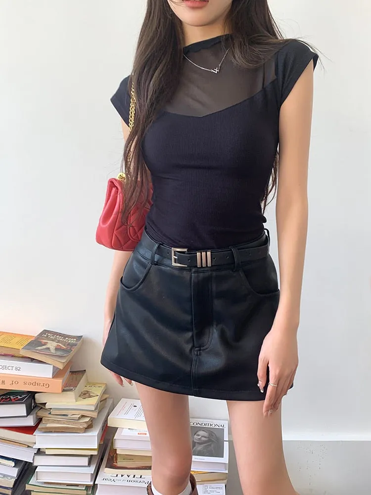 [Korean Style] Black Faux Leather Short Skort