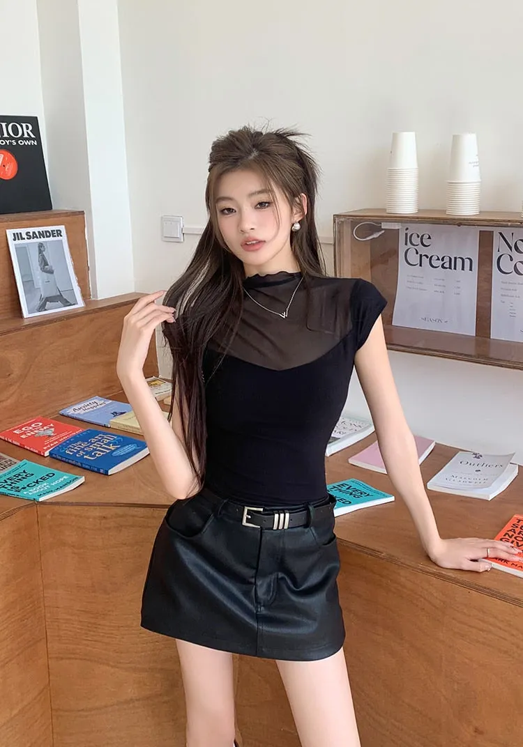 [Korean Style] Black Faux Leather Short Skort
