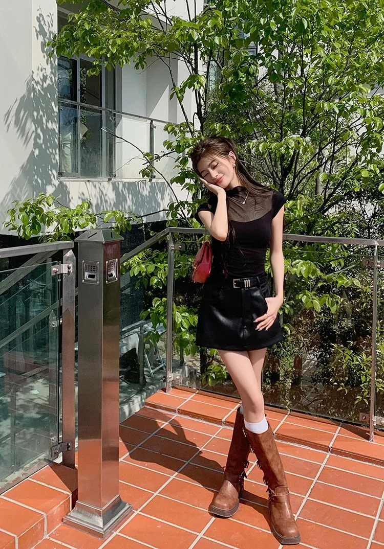 [Korean Style] Black Faux Leather Short Skort