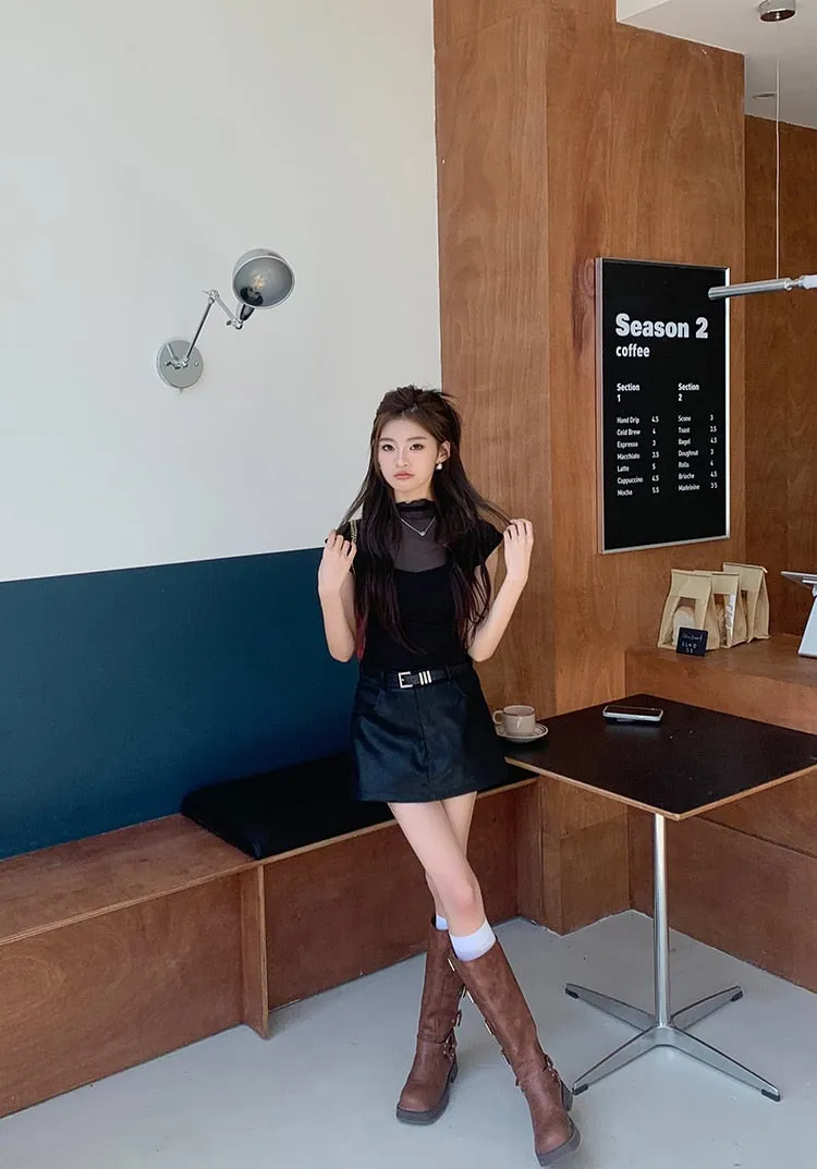 [Korean Style] Black Faux Leather Short Skort