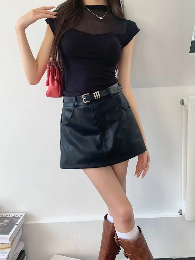 [Korean Style] Black Faux Leather Short Skort