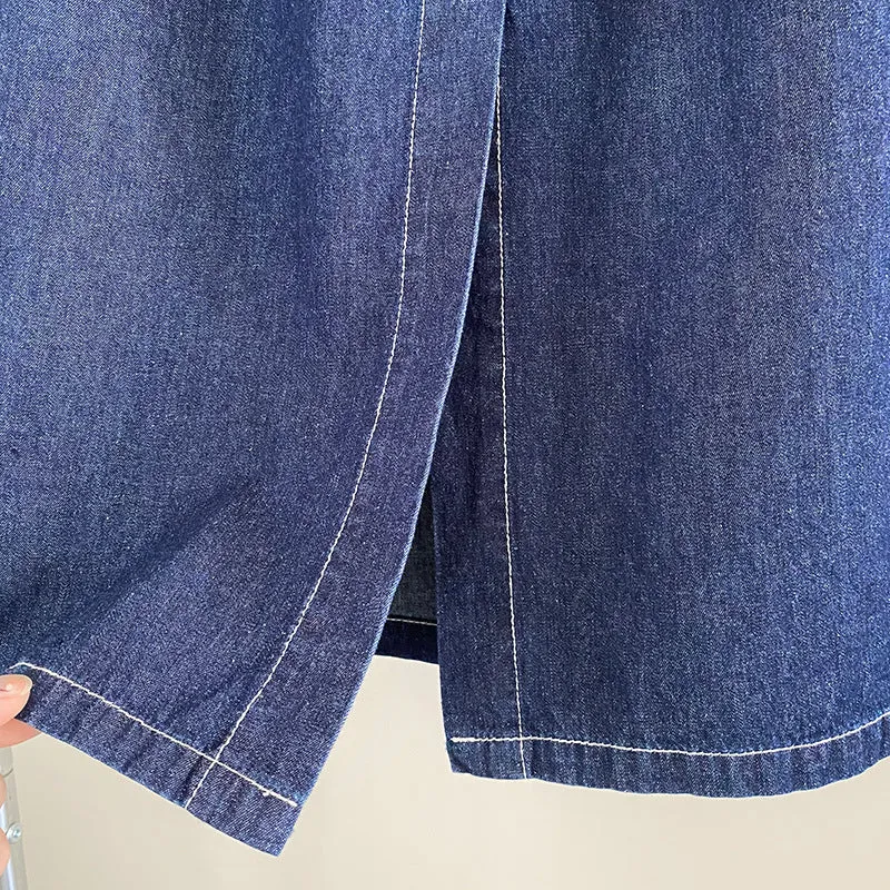 [Korean Style] Cinched Waist Dark Was Denim A-line Long Skirt