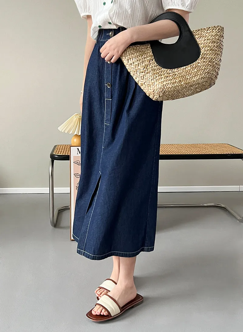 [Korean Style] Cinched Waist Dark Was Denim A-line Long Skirt