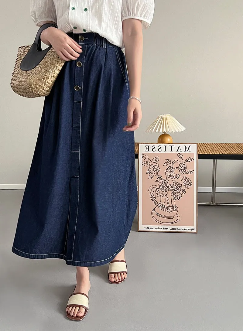 [Korean Style] Cinched Waist Dark Was Denim A-line Long Skirt