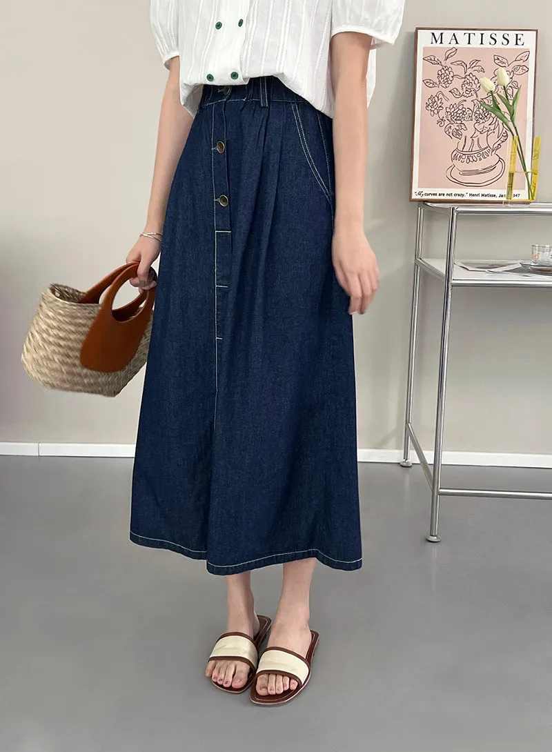 [Korean Style] Cinched Waist Dark Was Denim A-line Long Skirt