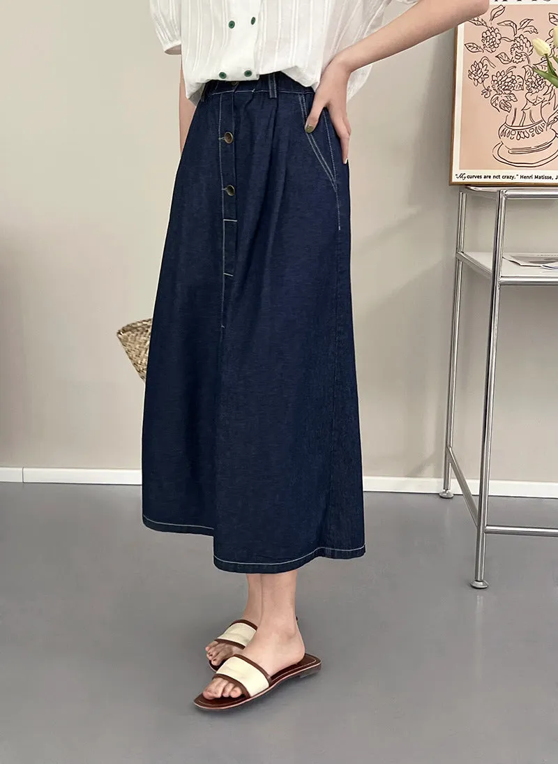 [Korean Style] Cinched Waist Dark Was Denim A-line Long Skirt