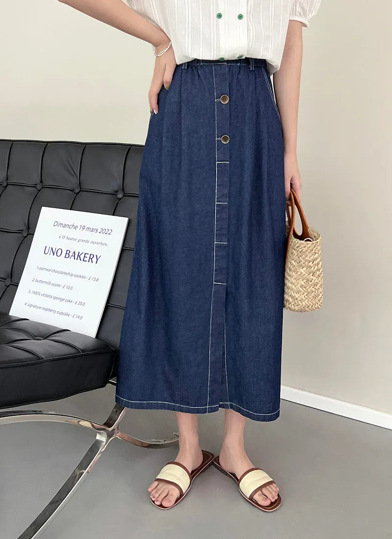 [Korean Style] Cinched Waist Dark Was Denim A-line Long Skirt