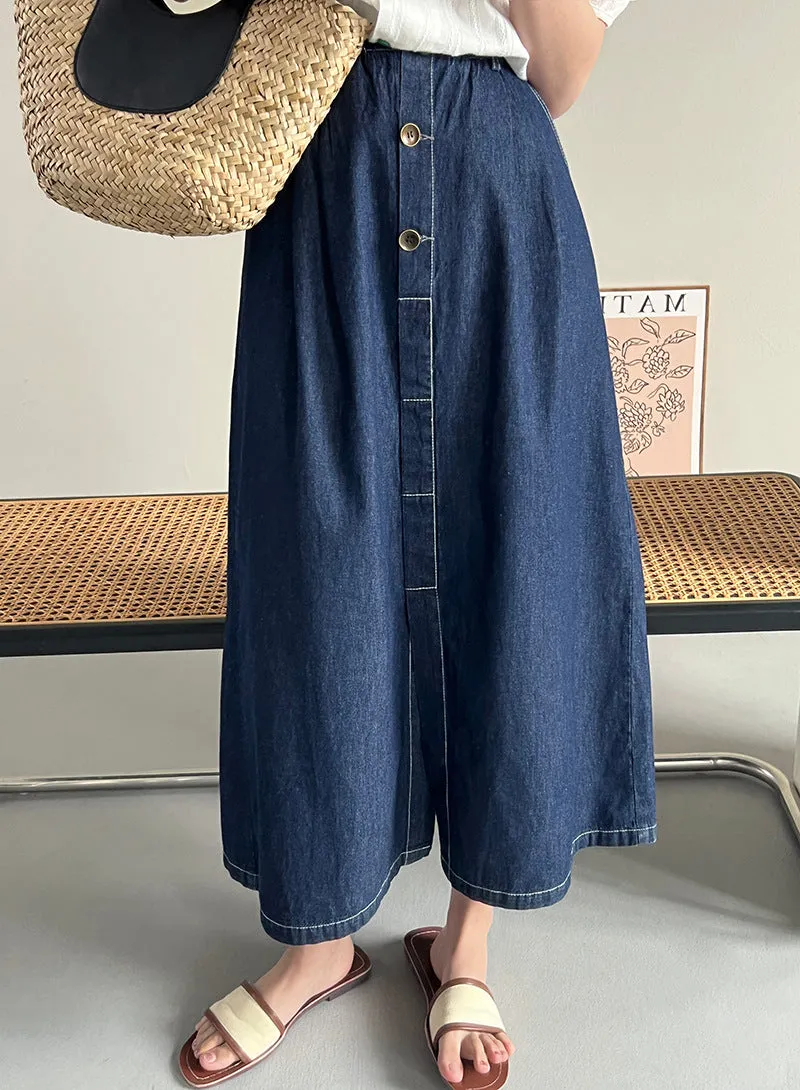 [Korean Style] Cinched Waist Dark Was Denim A-line Long Skirt