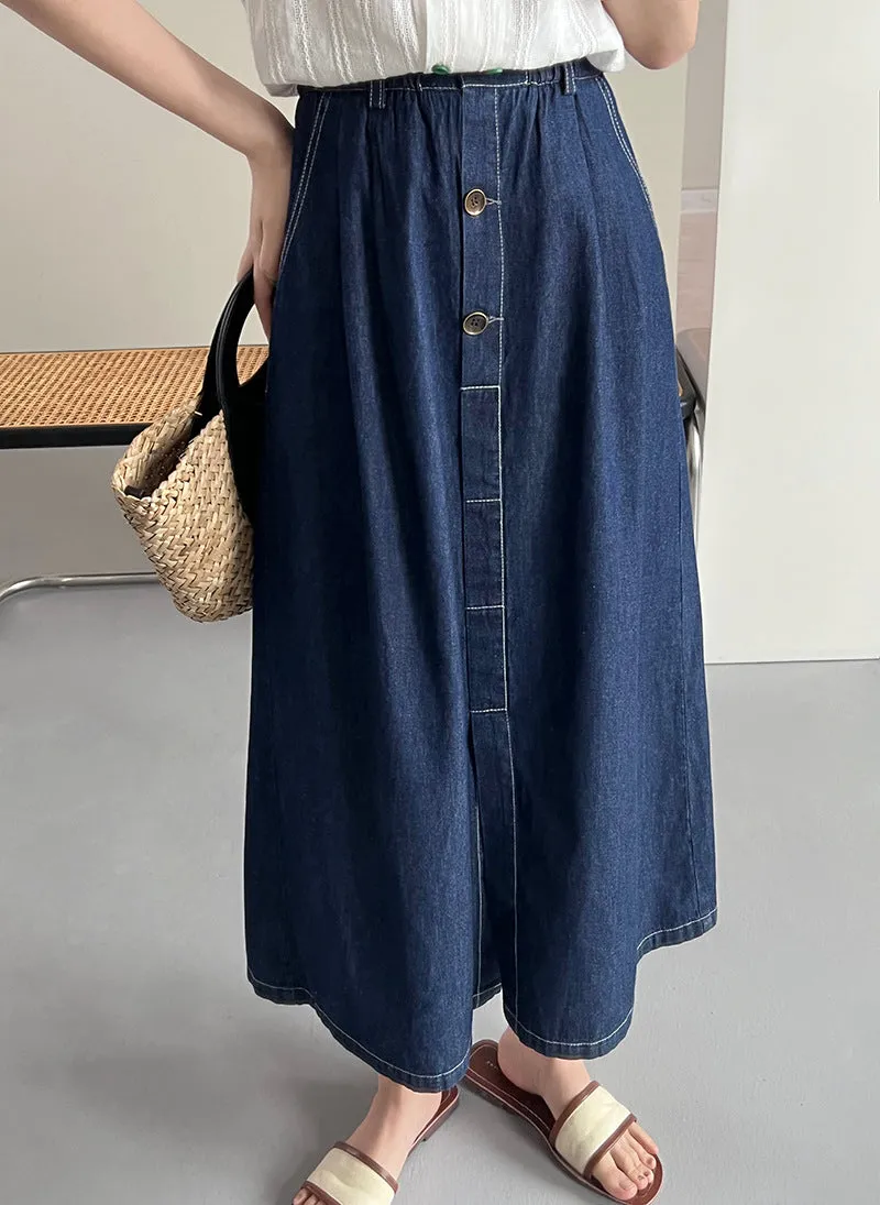 [Korean Style] Cinched Waist Dark Was Denim A-line Long Skirt