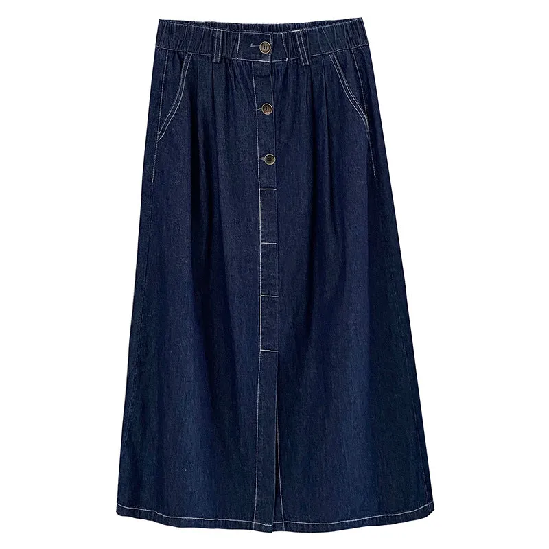 [Korean Style] Cinched Waist Dark Was Denim A-line Long Skirt