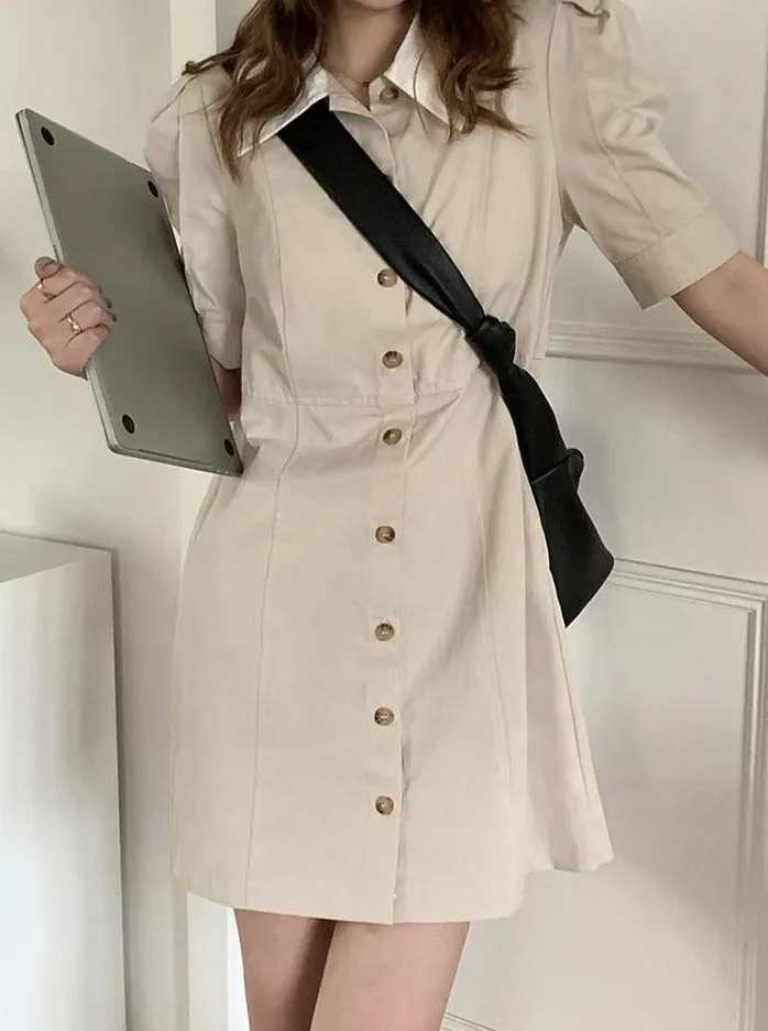 [Korean Style] Contrast Collared Mini Shirt Dress w/ Puff Sleeves