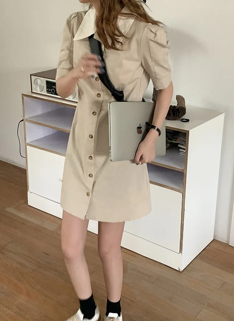 [Korean Style] Contrast Collared Mini Shirt Dress w/ Puff Sleeves