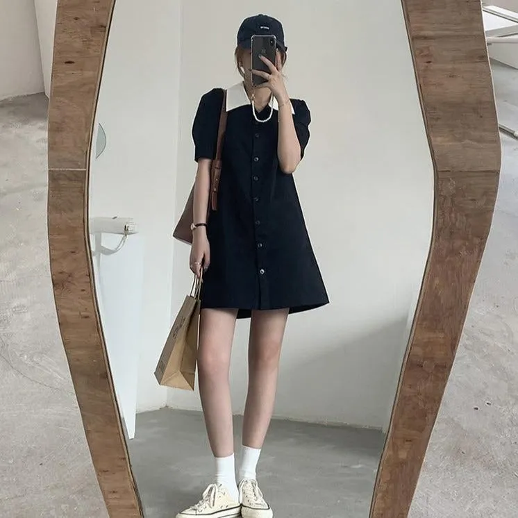 [Korean Style] Contrast Collared Mini Shirt Dress w/ Puff Sleeves