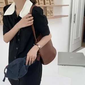 [Korean Style] Contrast Collared Mini Shirt Dress w/ Puff Sleeves