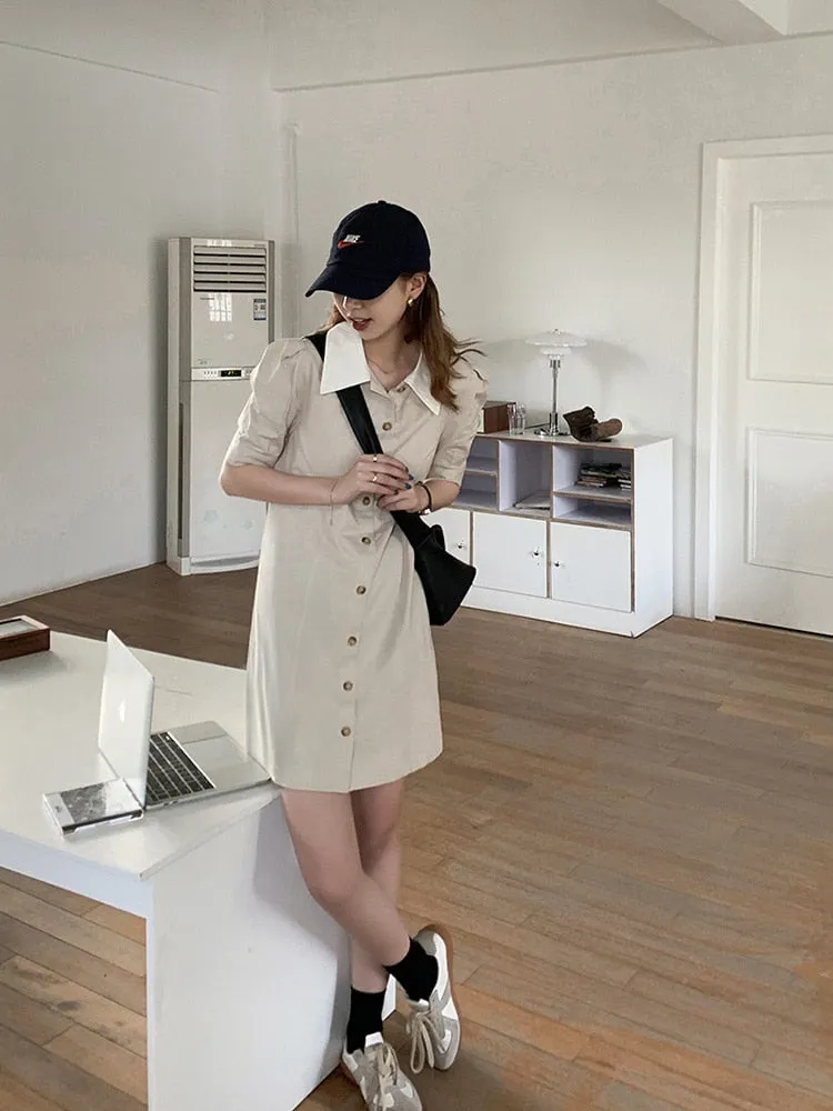 [Korean Style] Contrast Collared Mini Shirt Dress w/ Puff Sleeves
