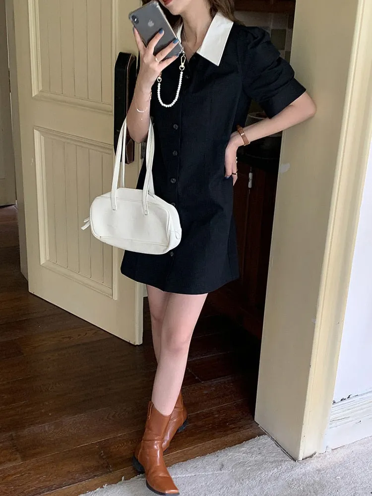 [Korean Style] Contrast Collared Mini Shirt Dress w/ Puff Sleeves
